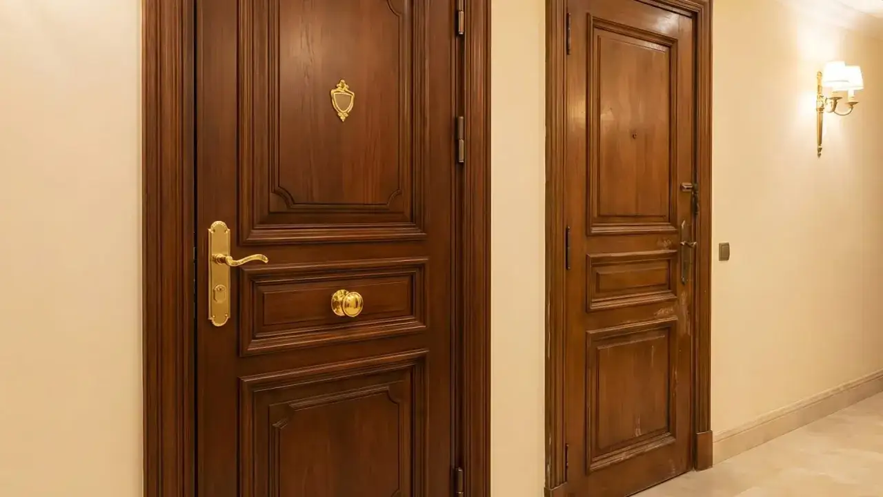Due porte in legno scuro con maniglie dorate, un'elegante soluzione per chi cerca bonus porte blindate di qualità.