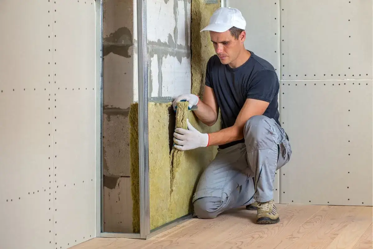 Operaio installa isolante per un maggiore comfort acustico. Pareti in cartongesso e lana di roccia in fase di costruzione.