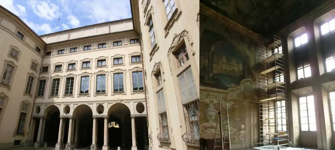 Cortile con portici e finestre d'epoca, e interno con affreschi e impalcature.