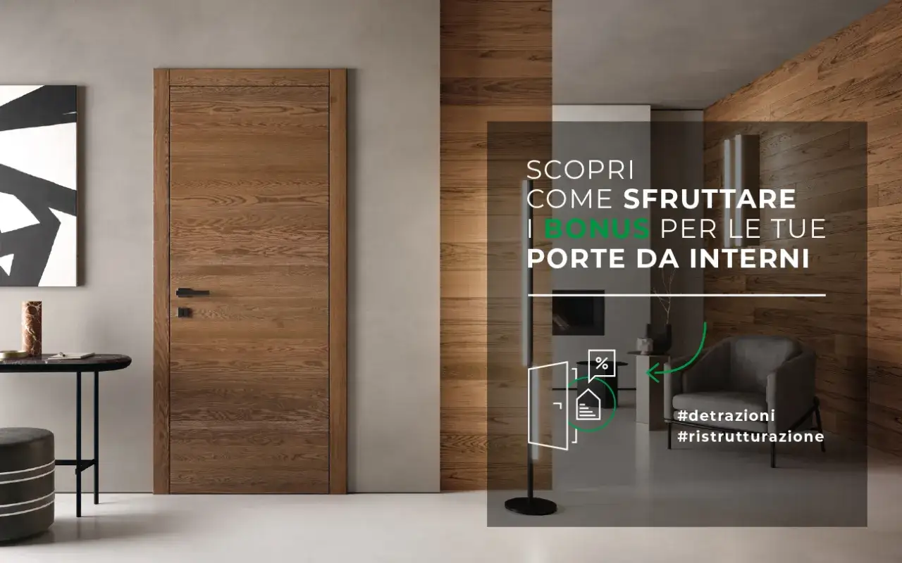 Scopri come sfruttare i bonus per le tue porte da interni. Elegante porta in legno con maniglia moderna, in un ambiente accogliente. #detrazioni #ristrutturazione