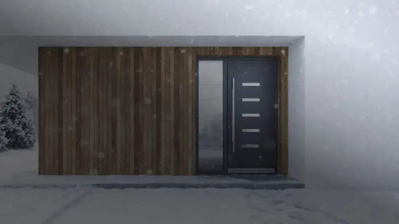 Porta d'ingresso moderna con inserti in legno e vetro, ideale per isolare dal freddo invernale.