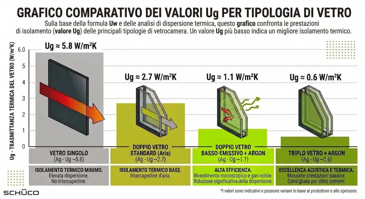 Grafico mostra valori Ug di vetri: singolo (Ug~5.8), doppio standard (Ug~2.7), basso-emissivo+argon (Ug~1.1) e triplo+argon (Ug~0.6). Minore Ug, migliore isolamento.