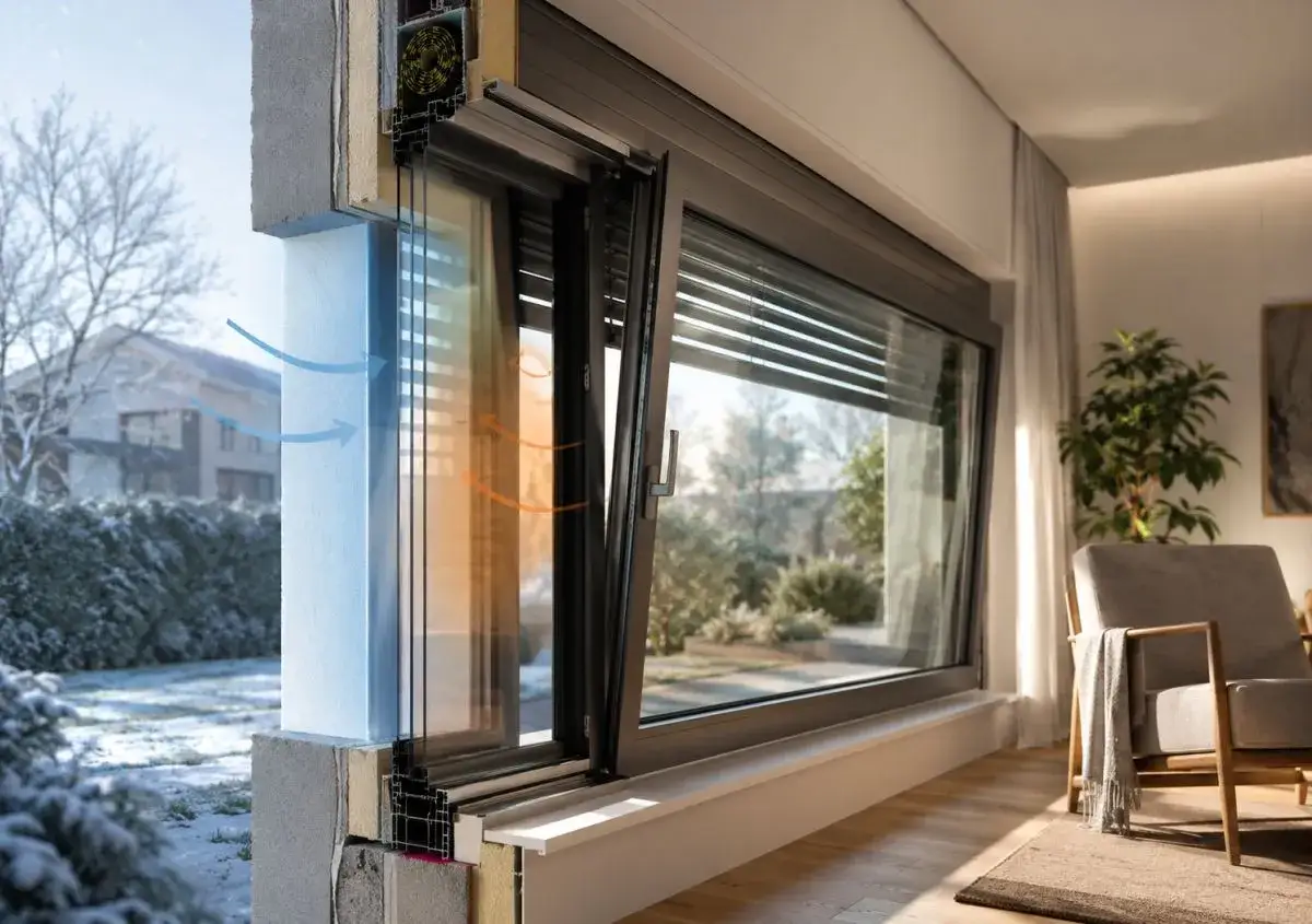 Sezione di un infisso moderno che mostra isolamento termico e flusso d'aria. Ideale per chi vuole rifare gli infissi a costo zero, risparmiando energia.