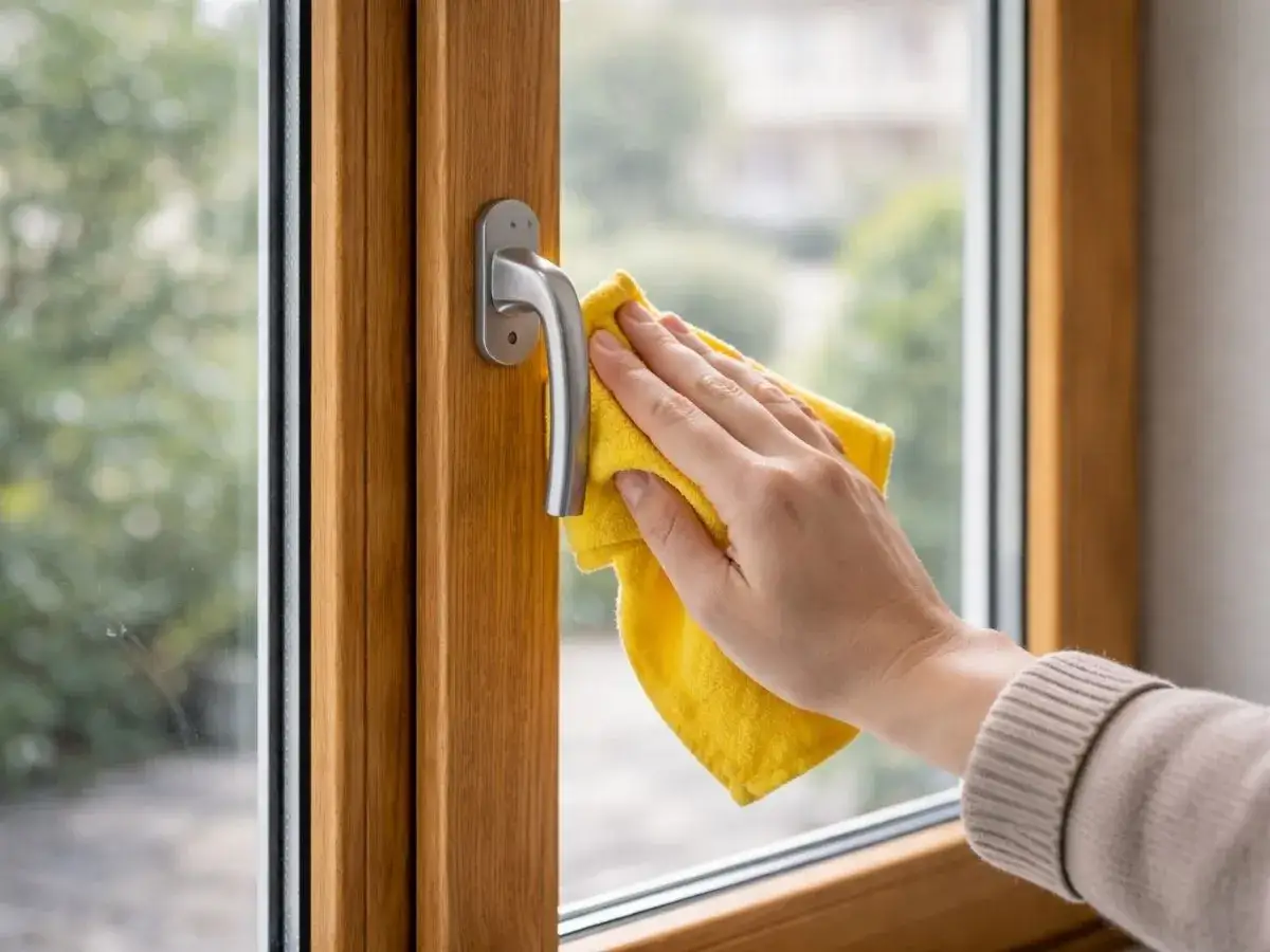 Mano pulisce infissi in legno con panno giallo. Scopri come pulire infissi in legno per mantenerli splendenti.
